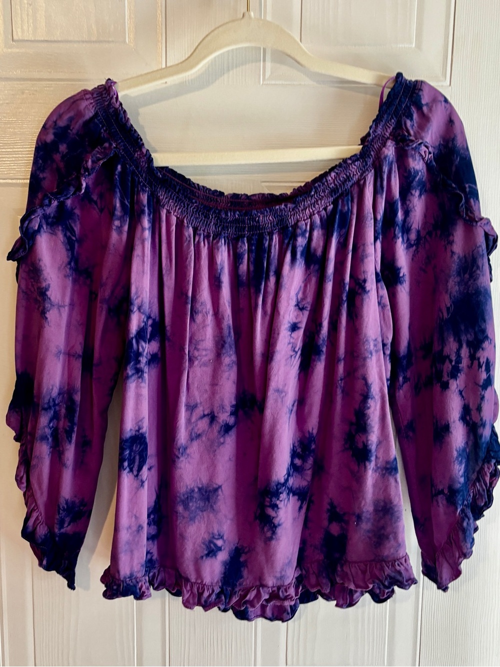 True Craft XL Purple Tie Dye Boho Ruffle Sleeve Peasant Blouse - Picture 2 of 10